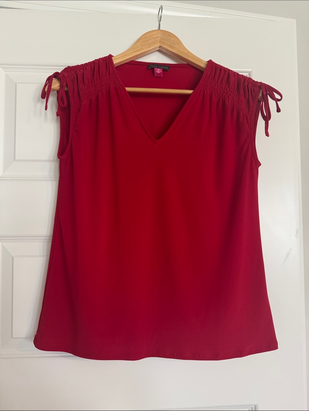 Vince Camuto Red V-Neck Sleeveless Top with Shirred Shoulders